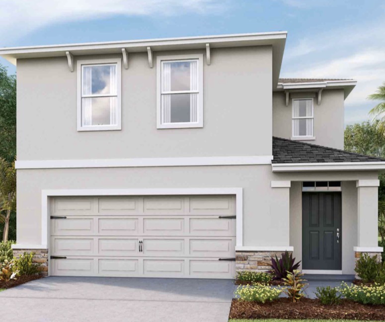 Two-story light-gray residential home with white garage and dark entry door